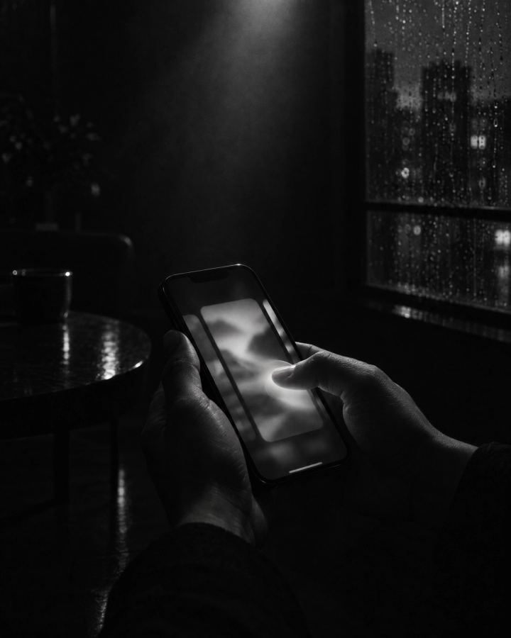 Dłonie trzymające telefon w ciemnym pokoju, kciuk przesuwa rozmyte karty aplikacji mobilnej