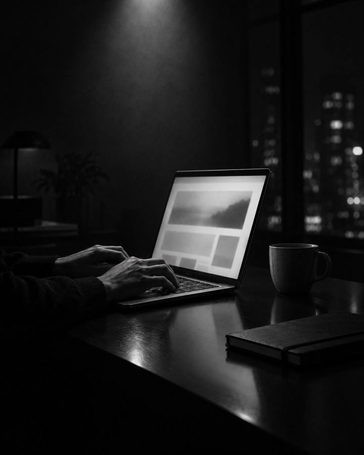 Dłonie na klawiaturze laptopa w ciemnym biurze, na ekranie rozmyte bloki projektu strony firmowej