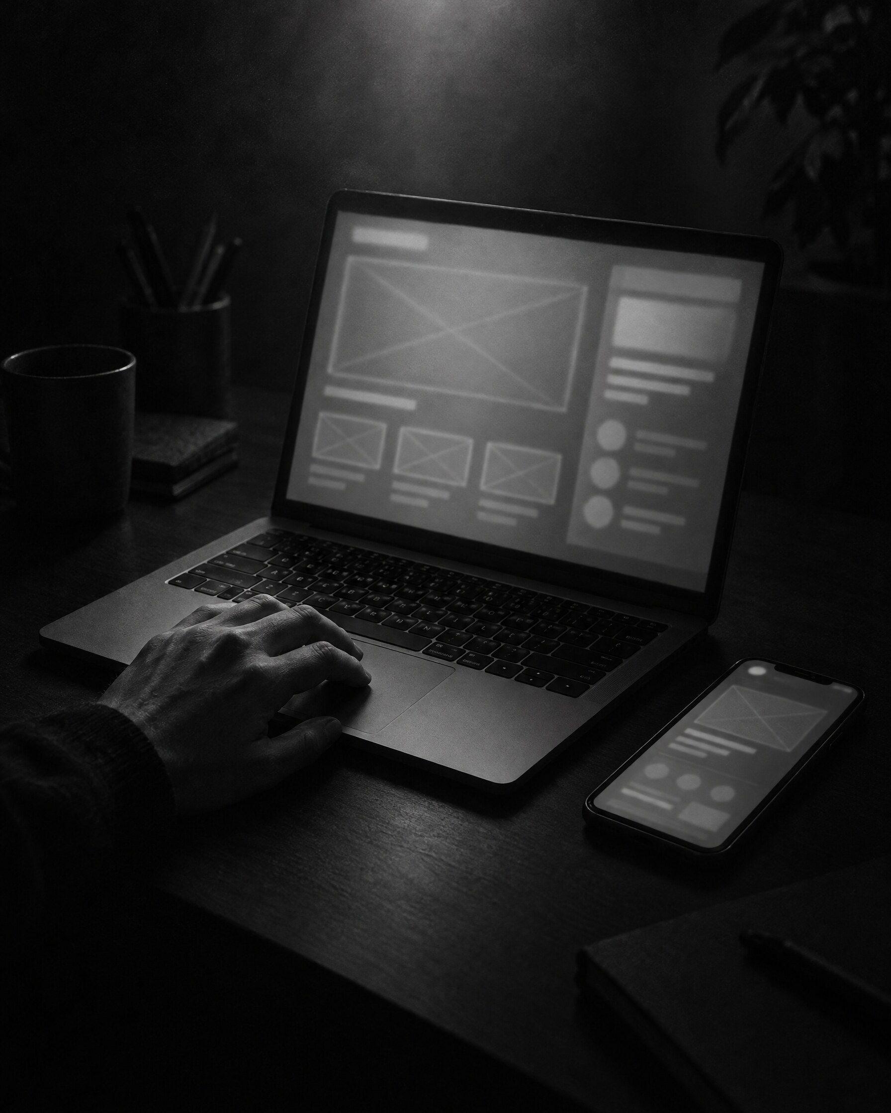 Dłoń na gładziku laptopa z rozmytymi makietami interfejsu i telefonem obok w ciemnym pokoju