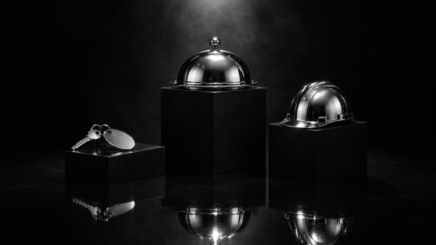 Chromowany klucz hotelowy, klosz restauracyjny i kask budowlany na czarnych postumentach: trzy branże, trzy różne strony