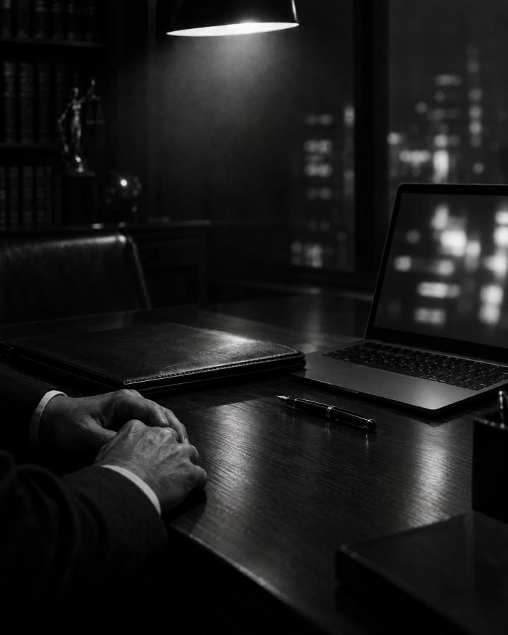 Dłonie na biurku w ciemnym gabinecie kancelarii, obok teczka, pióro i laptop z rozmytym formularzem