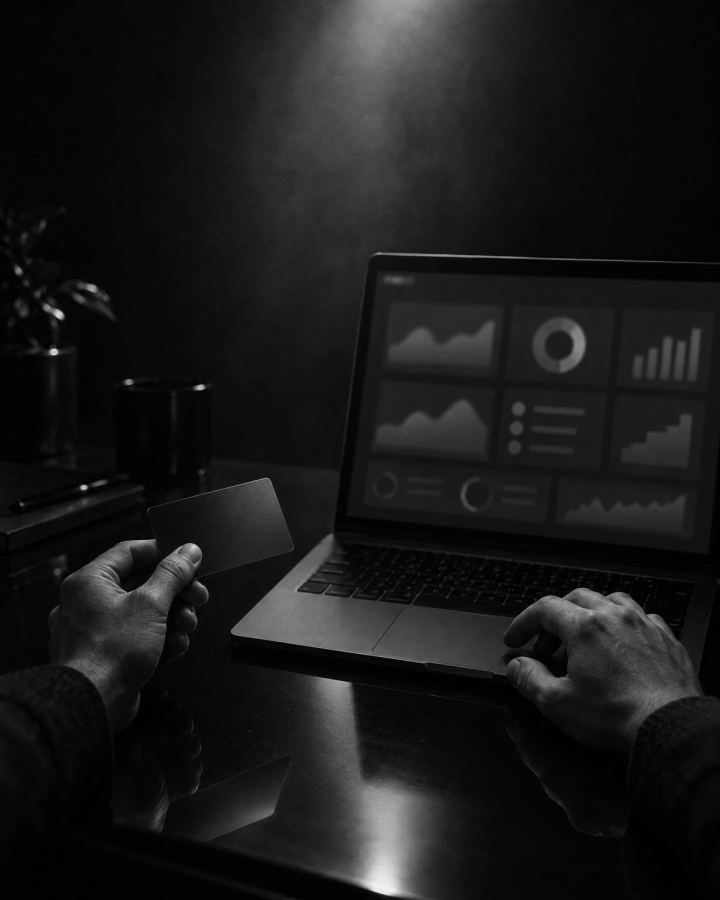 Dłoń z kartą płatniczą obok laptopa z rozmytym dashboardem w ciemnym biurze