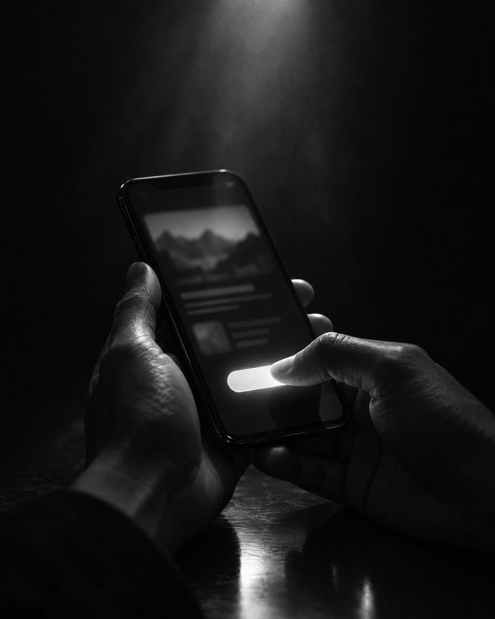 Dłonie z telefonem, kciuk nad jedynym przyciskiem na rozmytym układzie strony