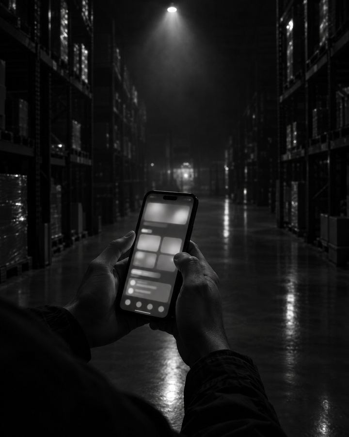 Dłonie trzymające telefon w ciemnym magazynie, na ekranie rozmyty interfejs aplikacji webowej