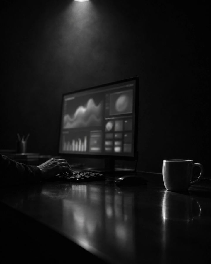 Dłoń na klawiaturze przy monitorze z rozmytymi wykresami monitoringu w ciemnym pokoju