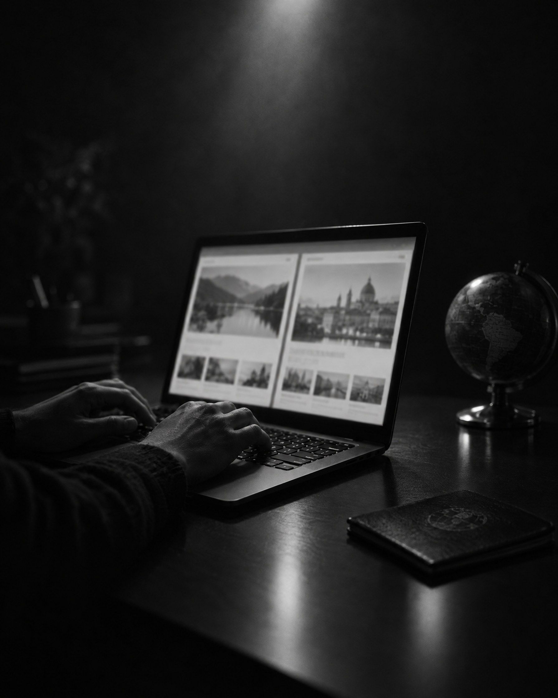 Dłonie na klawiaturze laptopa z dwoma rozmytymi układami strony obok siebie, w tle globus