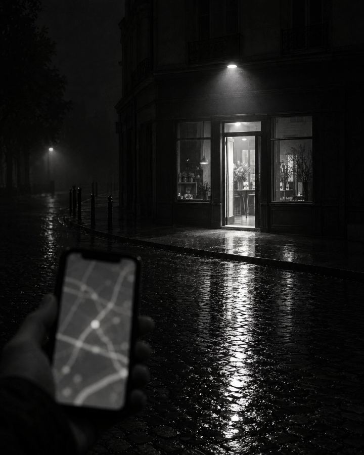 Oświetlone wejście lokalu nocą i dłoń z telefonem z rozmytą mapą: klient szukający firmy w okolicy