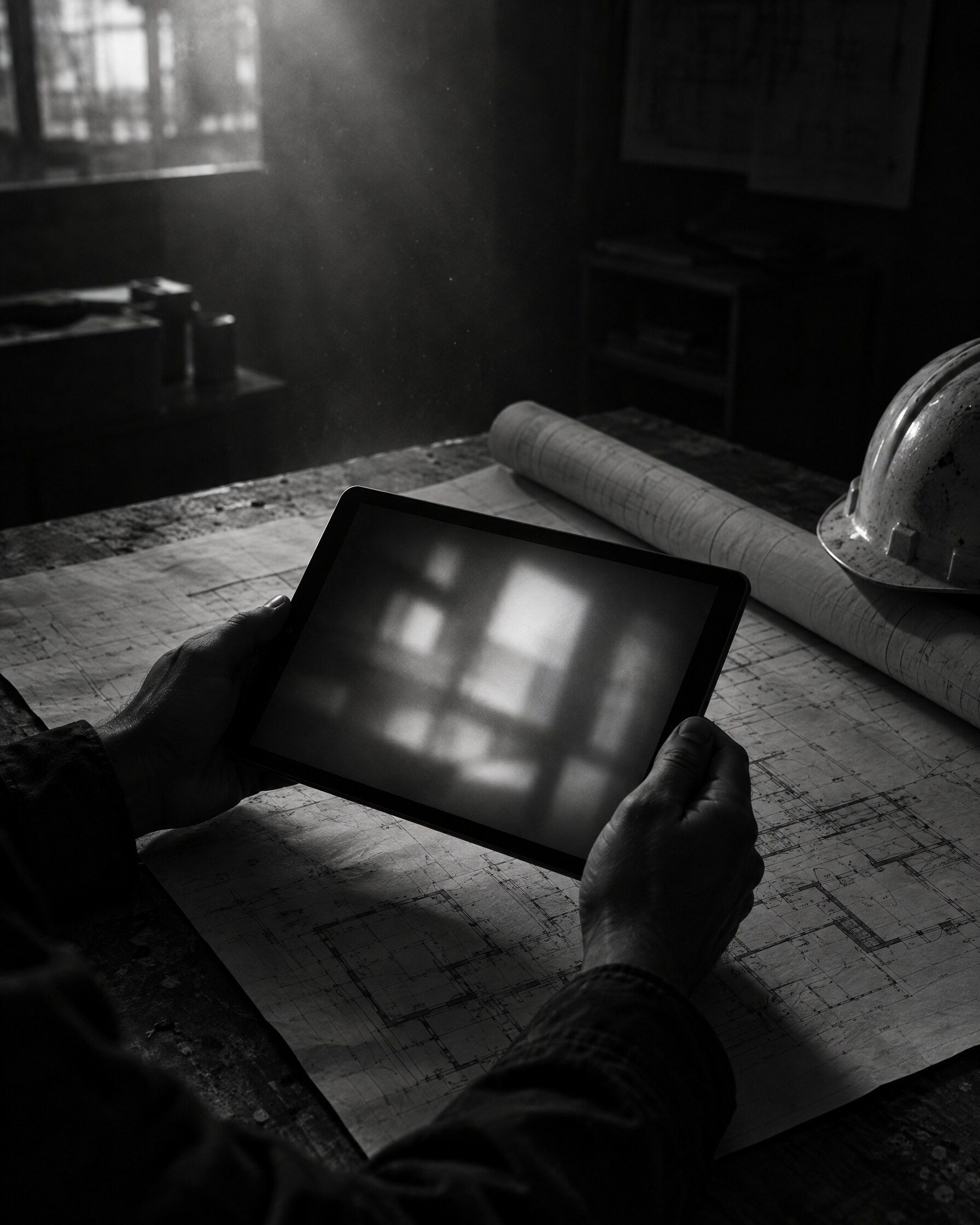 Dłonie trzymające tablet nad rozłożonymi planami budowy w ciemnym biurze na placu budowy