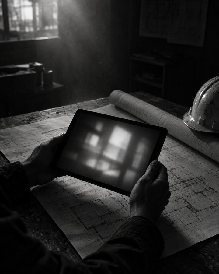 Dłonie trzymające tablet nad rozłożonymi planami budowy w ciemnym biurze na placu budowy