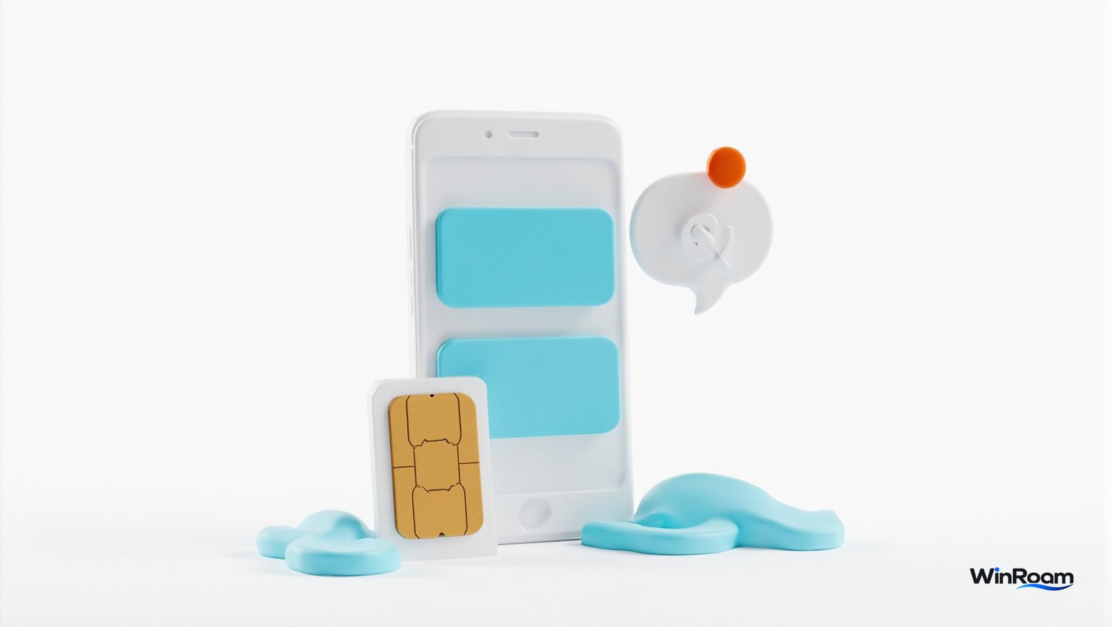 手机、SIM 卡与消息气泡示意图,代表回国流量卡和英国号码卡在同一部手机里分工使用