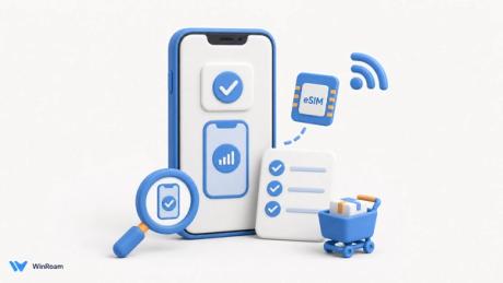 手机兼容性检查与 eSIM 卡示意图，代表下单前确认是否支持 eSIM