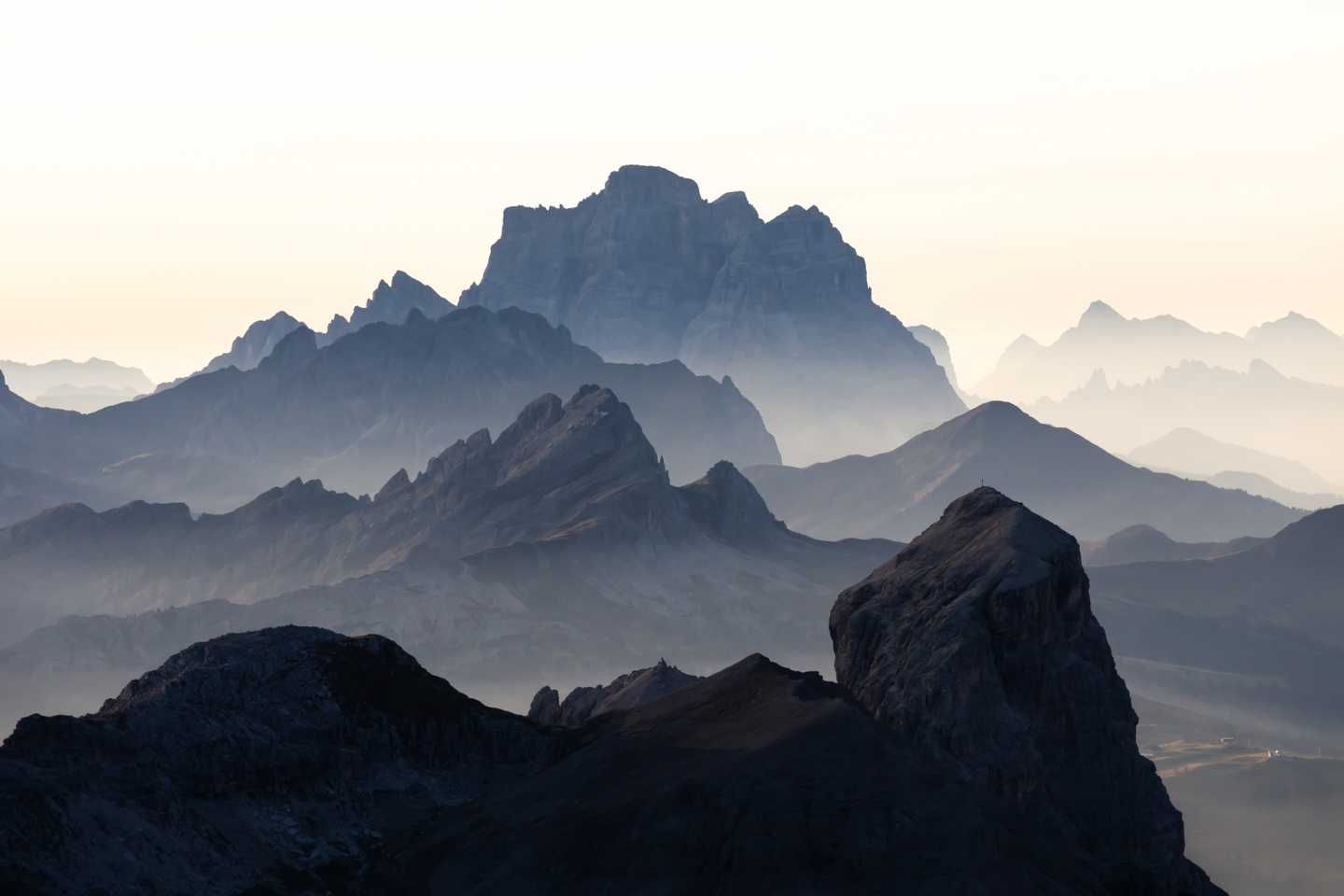 mountain range in mist along the horizon
