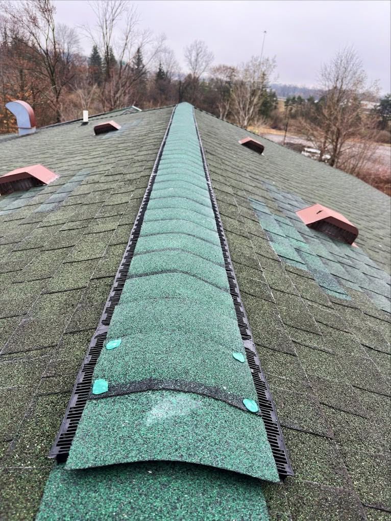 A green ridge cap running along the peak of a new shingle roof