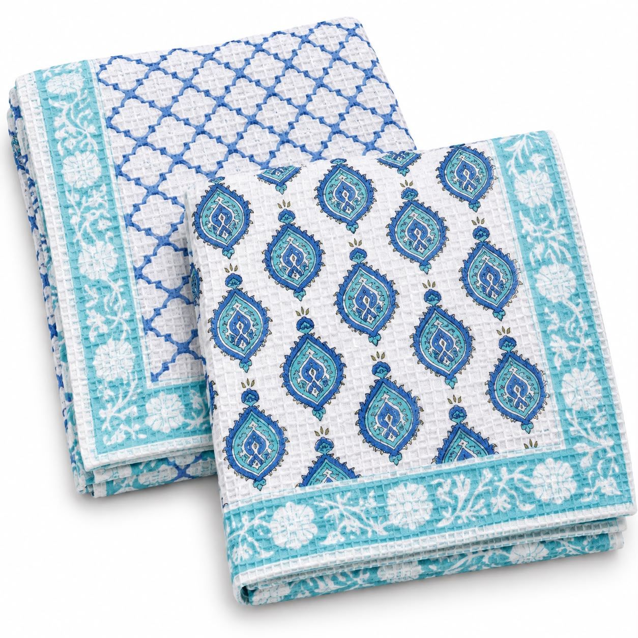 Premium Waffle Cotton Hand Towel Set of 2 | Hand Block Print 20x30 Inch Soft Absorbent Quick Dry Towels