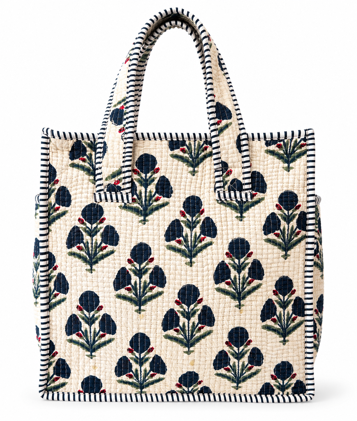 Vintage Floral Quilted Tote Bag with Bottle Pocket - 12×12 Inch