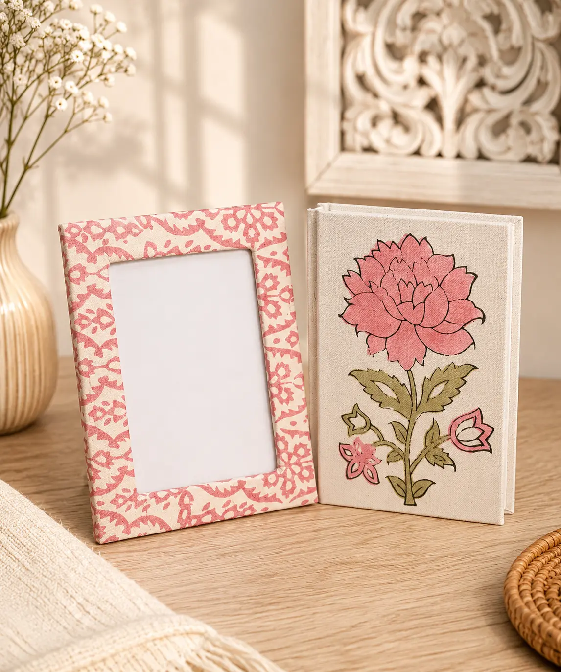 Decorative Fabric Covered Floral Photo Frame with Handmade Diary Gift Set