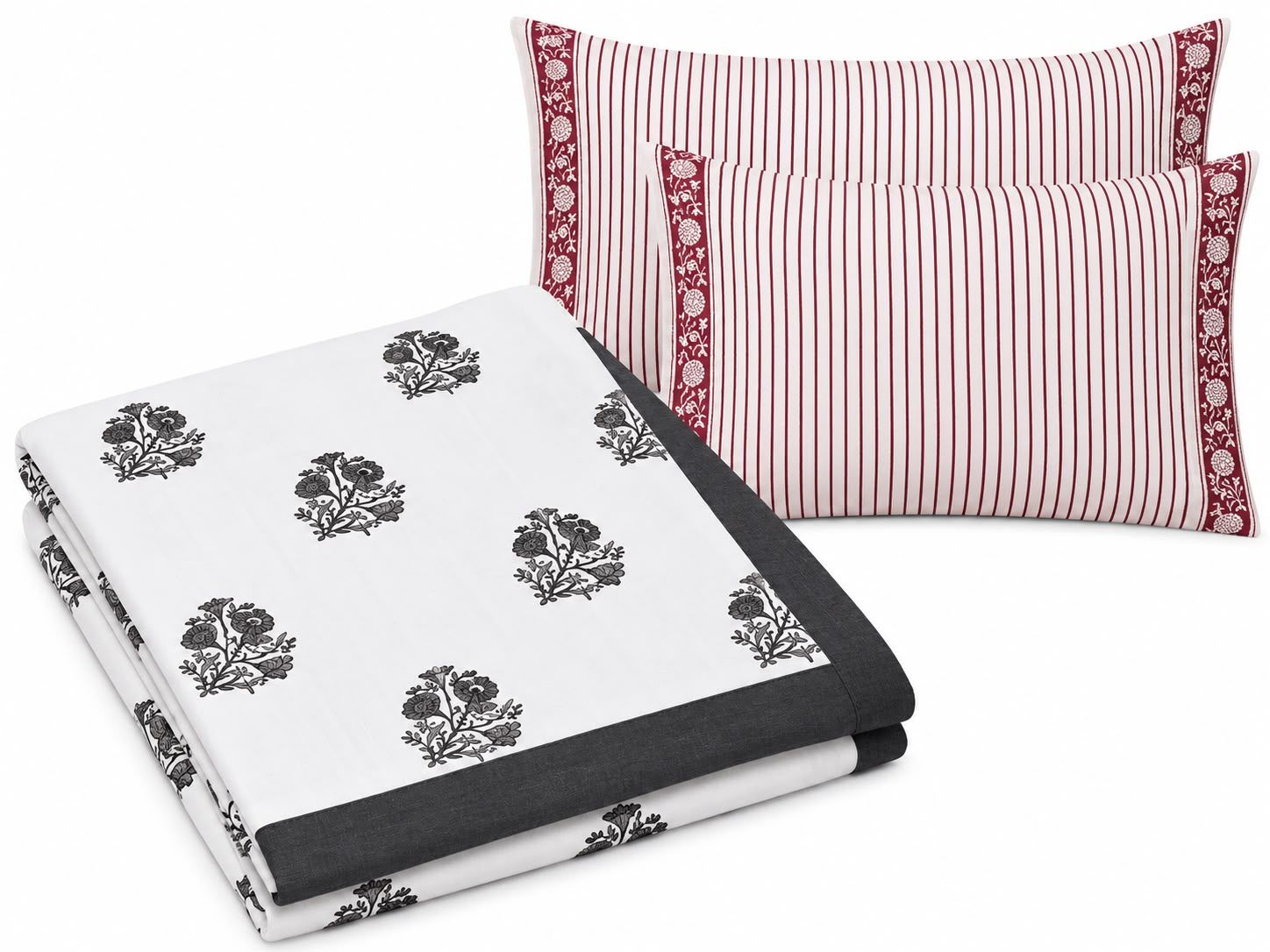 Hand Block Print Premium Percale Cotton Bedsheet Set with 2 Pillow Covers | King Size Floral Print Bedsheet