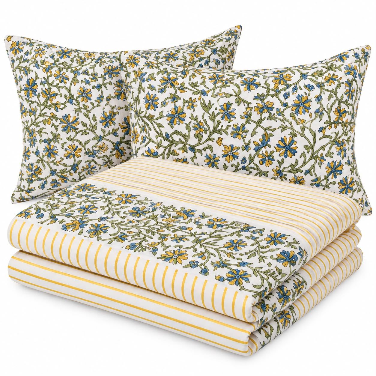 Floral Yellow Block Print Percale Cotton Bedsheet Set – King Size