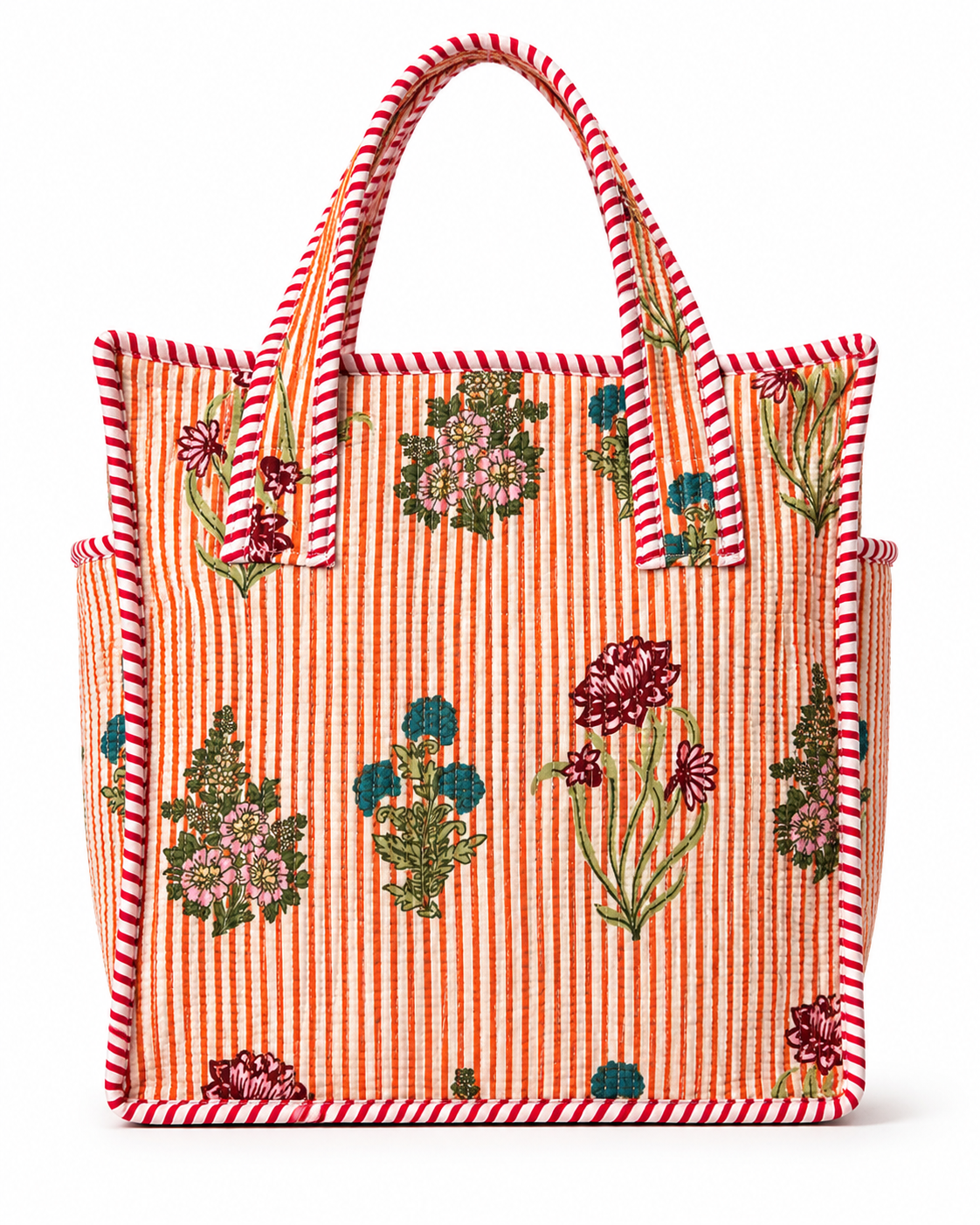 Vintage Floral Quilted Tote Bag with Bottle Pocket - 12×12 Inch