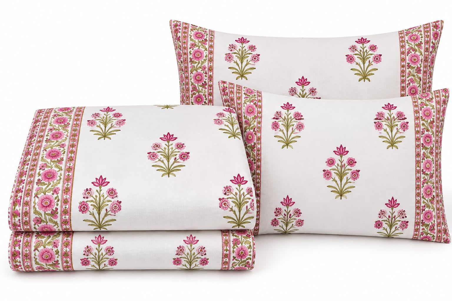 Hand Block Print Premium Percale Cotton Bedsheet Set with 2 Pillow Covers | King Size Floral Print Bedsheet