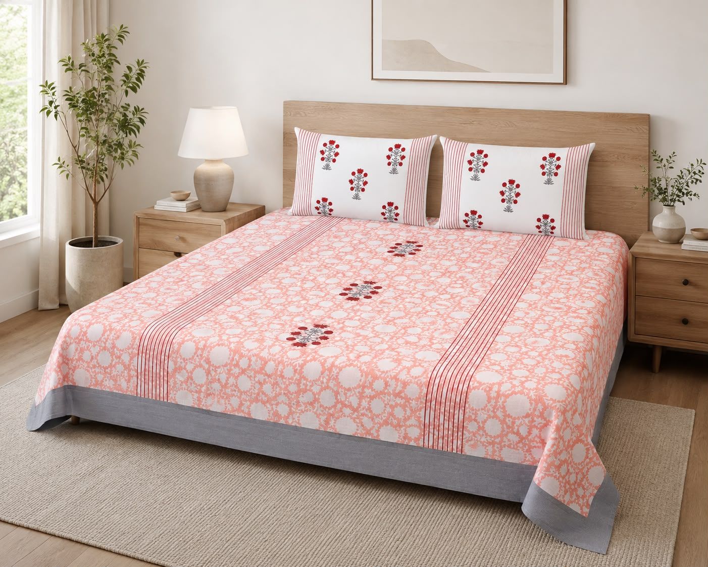 Peach Floral Hand Block Print King Size Bedsheet