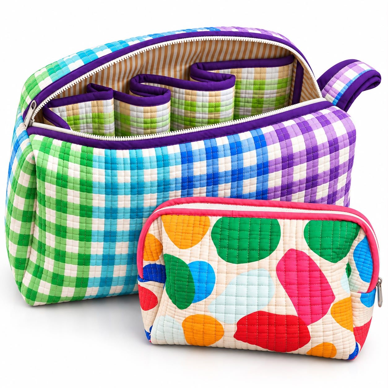 Premium Dyson & Cosmetic Pouch Combo – Green Gingham