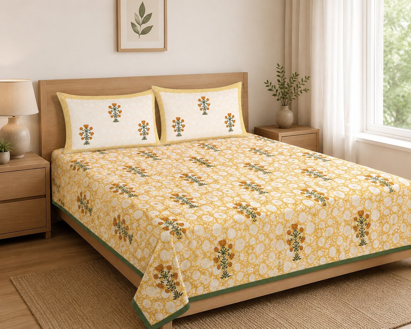 Mustard Floral Hand Block Print King Size Bedsheet