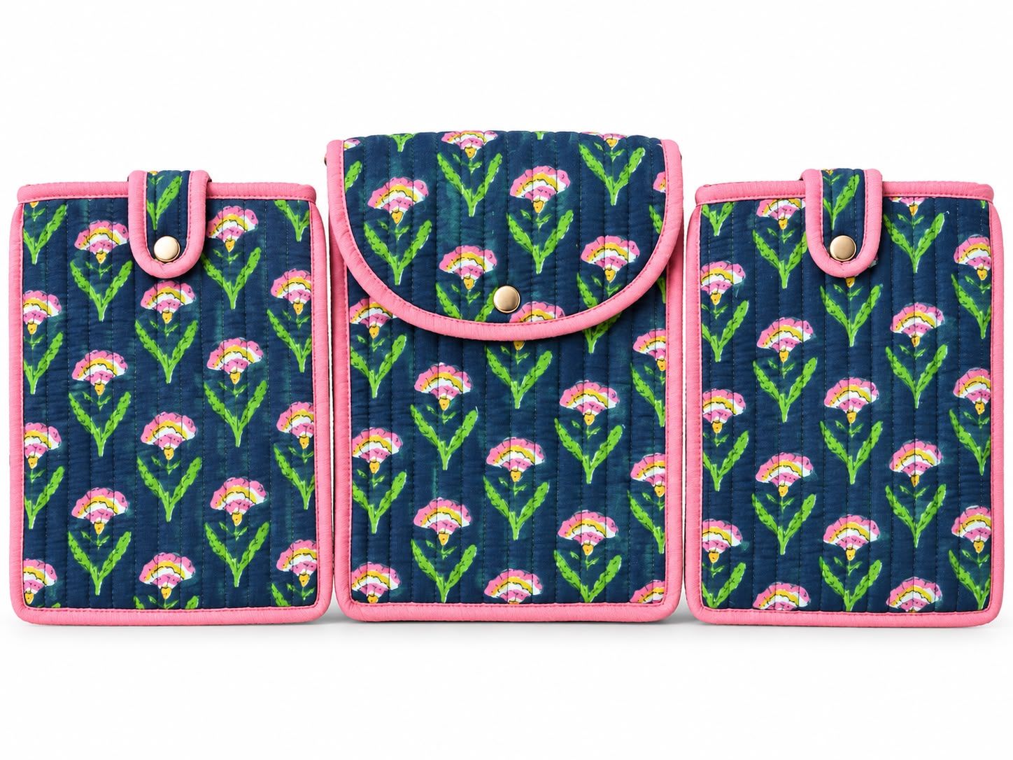Quilted Navy Cotton Pouch Set of 3 – Tab Sleeve & Travel Organizer Pouches