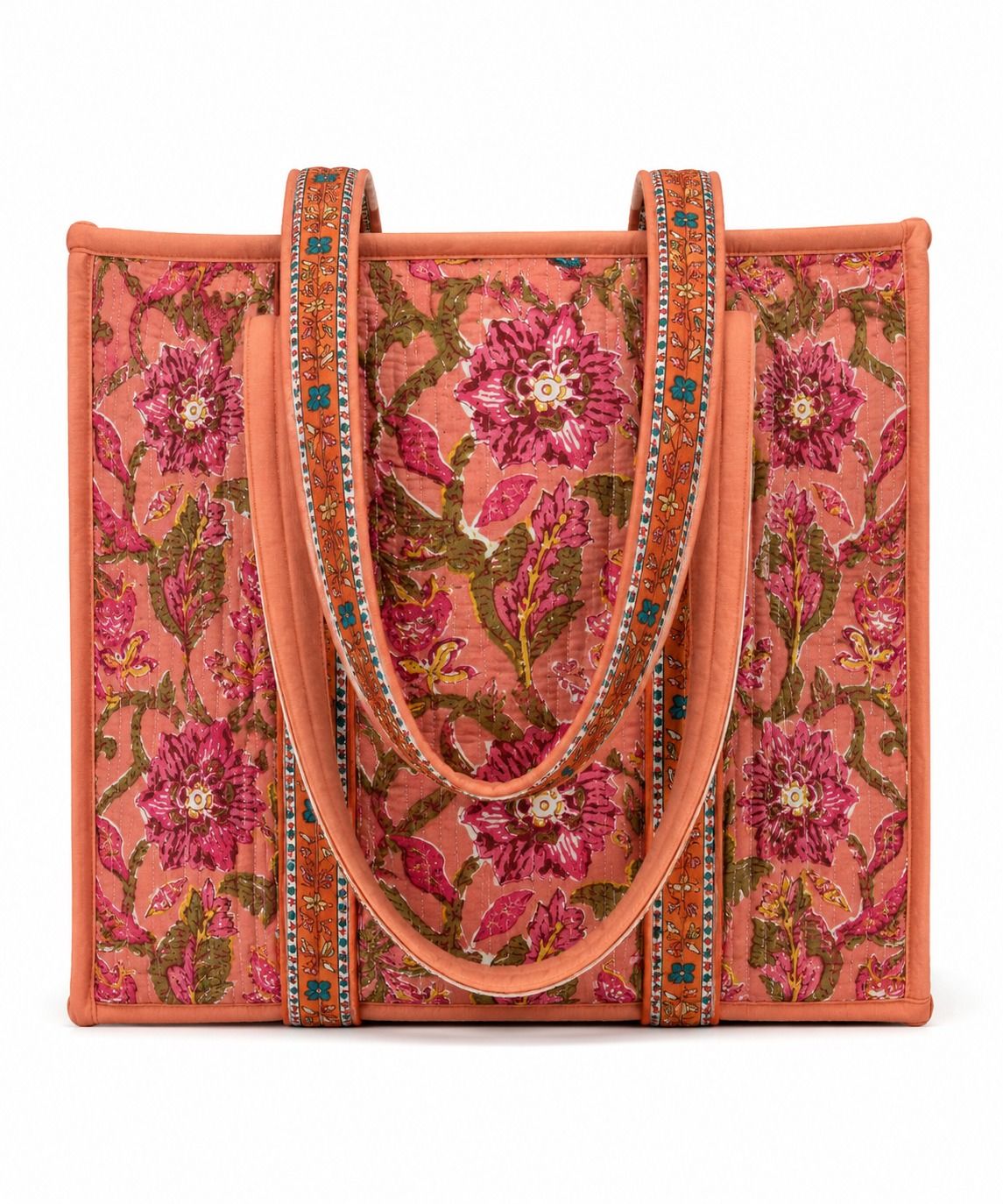 Little Chiku Handcrafted Quilted Cotton Tote Bag with Zip Closure | Spacious Multipurpose Shopping, Office & Travel Bag (Peach Floral)