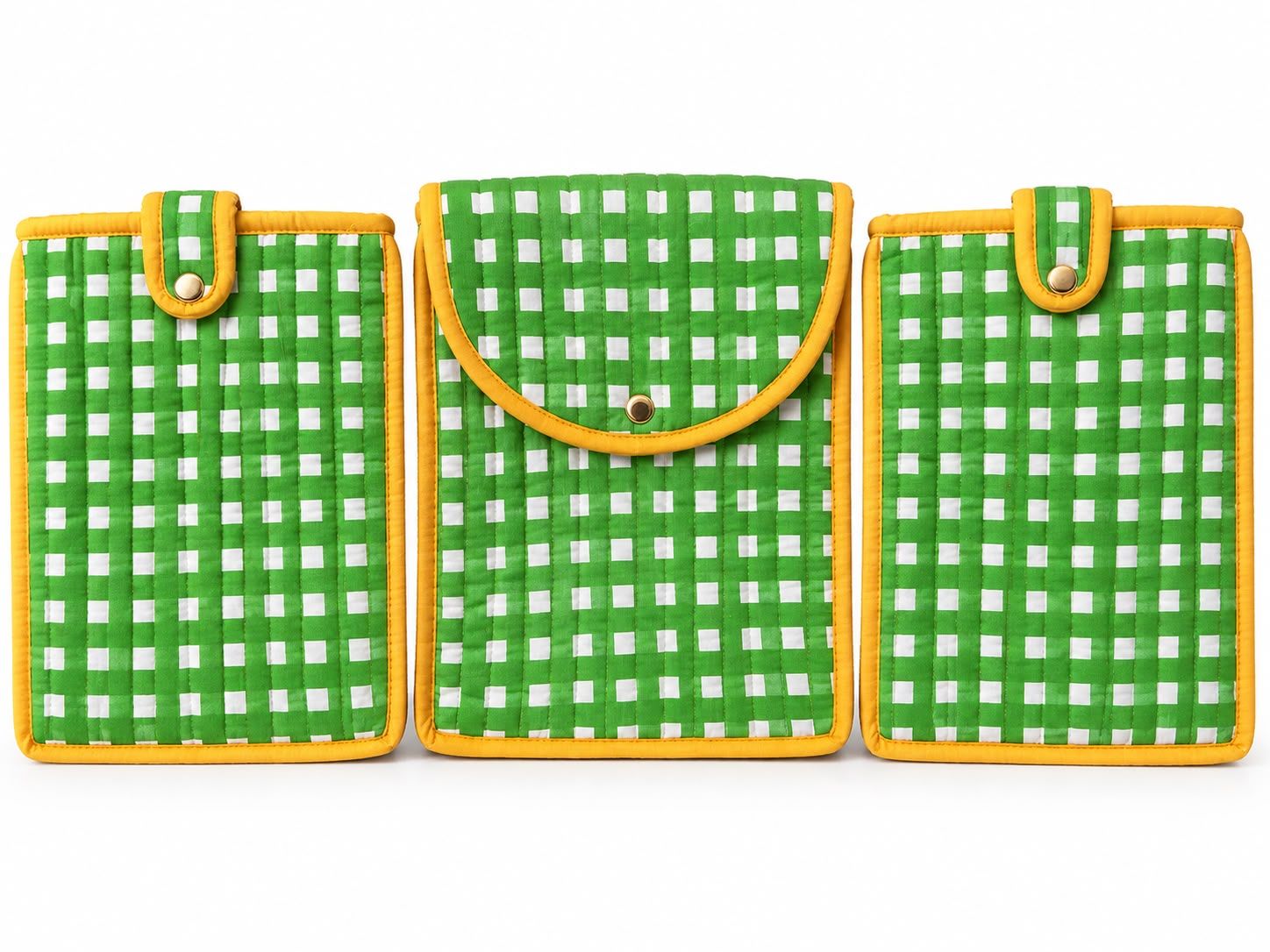 Quilted Green Cotton Pouch Set of 3 – Tab Sleeve & Travel Organizer Pouches