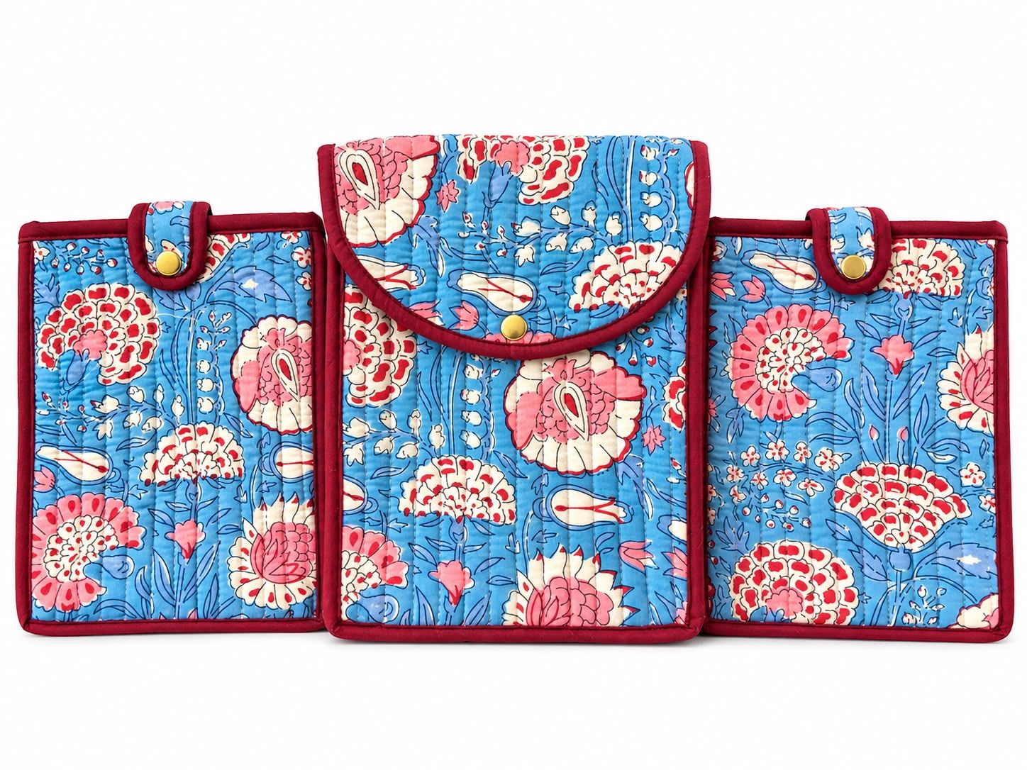 Quilted Blue Cotton Pouch Set of 3 – Tab Sleeve & Travel Organizer Pouches