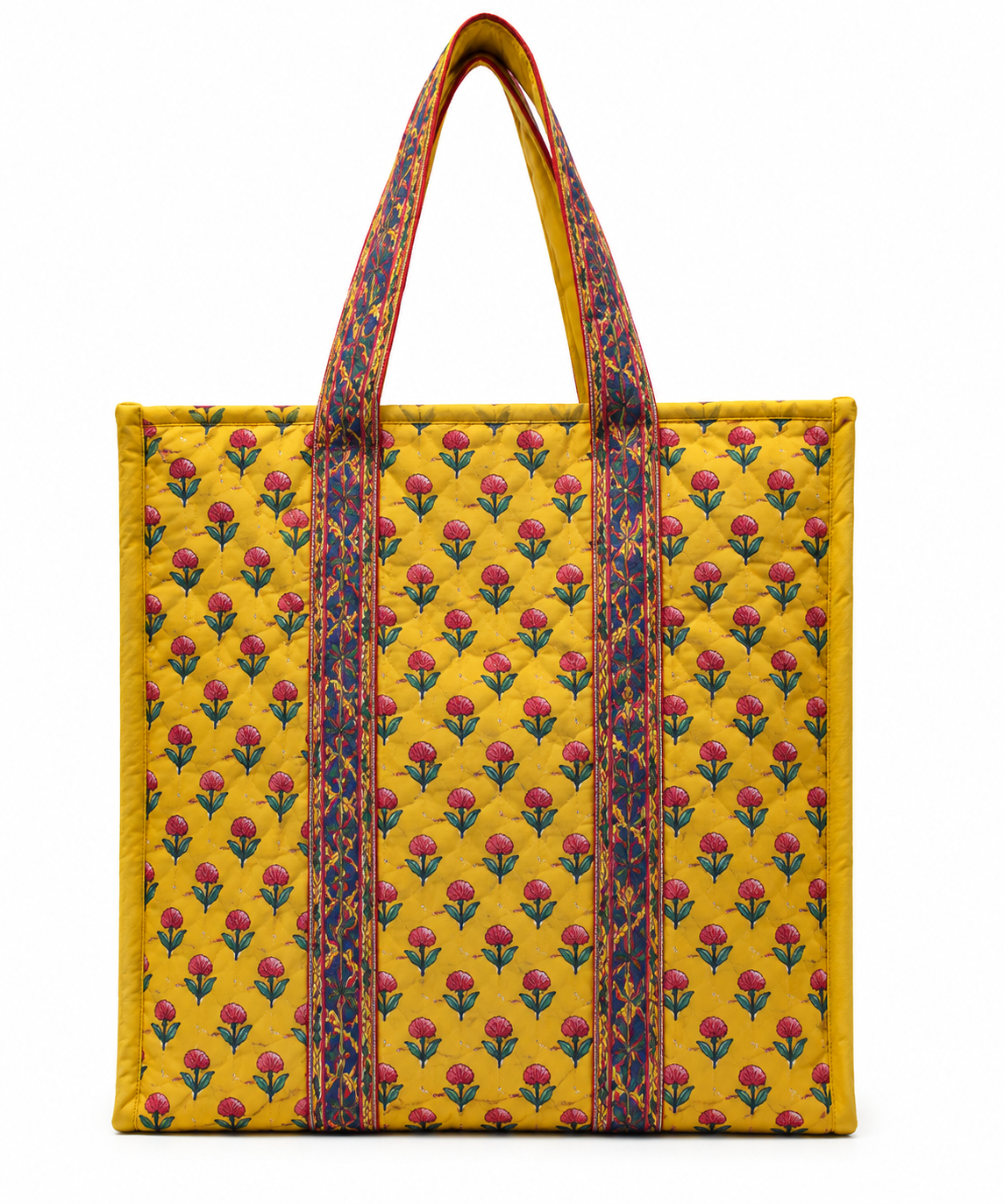 Little Chiku Handcrafted Quilted Cotton Tote Bag with Zip Closure | Spacious Multipurpose Shopping, Office & Travel Bag (Mustard Yellow Floral)
