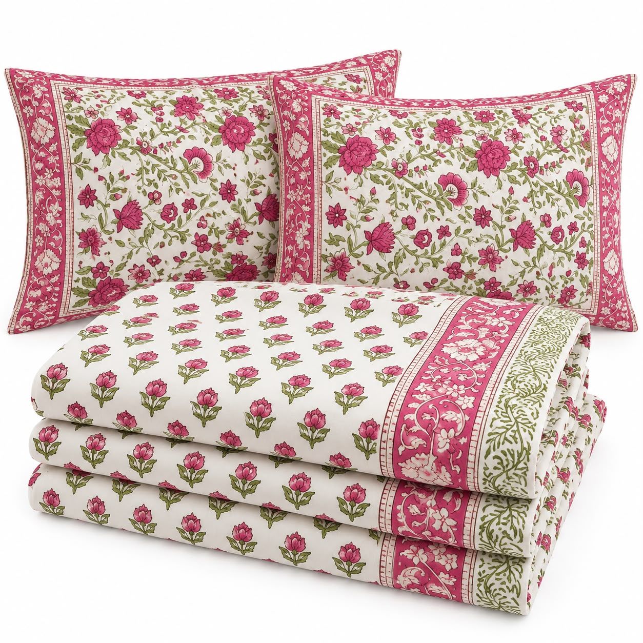 Floral Block Print Percale Cotton Bedsheet Set – King Size