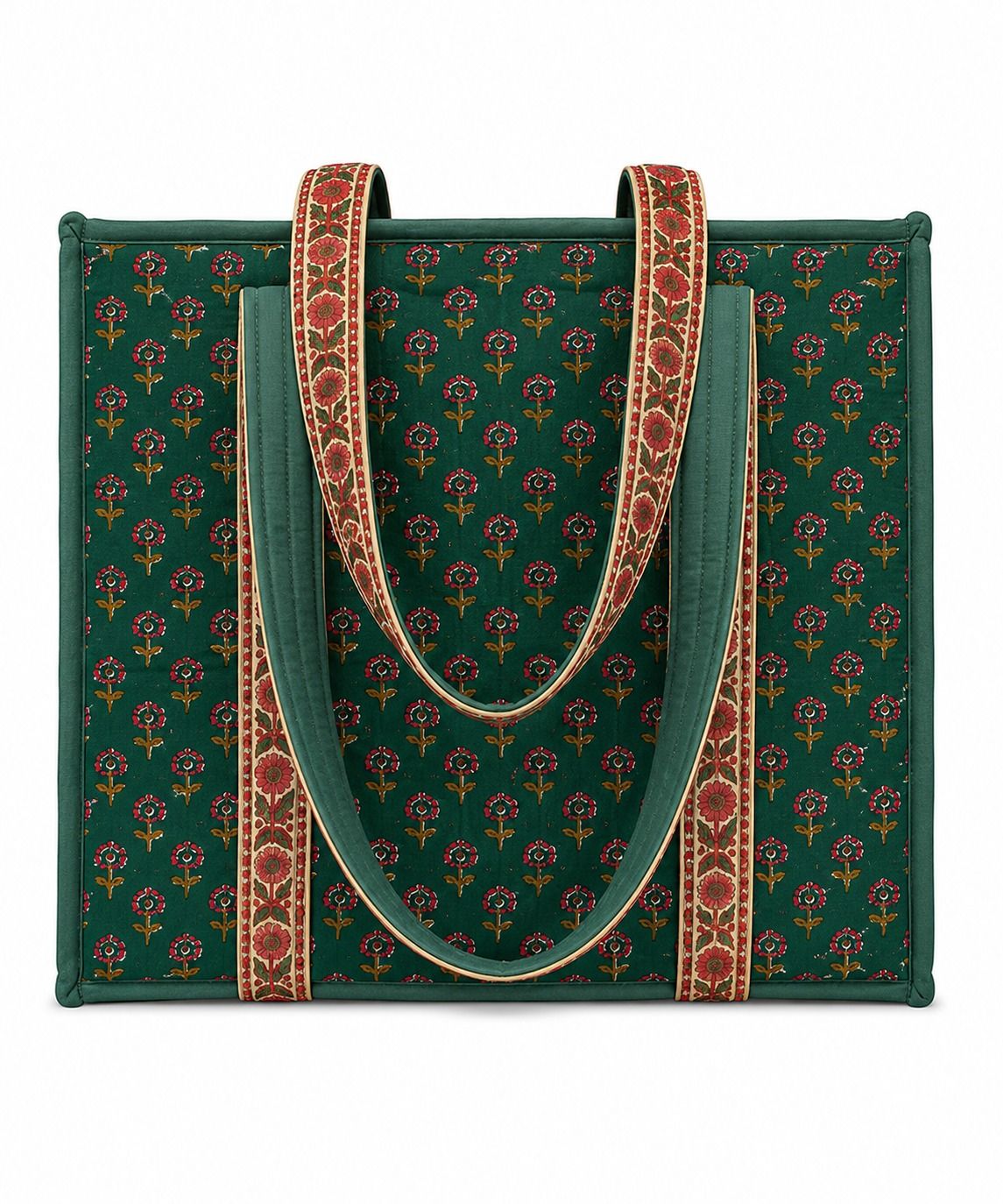 Little Chiku Handcrafted Quilted Cotton Tote Bag with Zip Closure | Spacious Multipurpose Shopping, Office & Travel Bag (Emerald Green Floral)