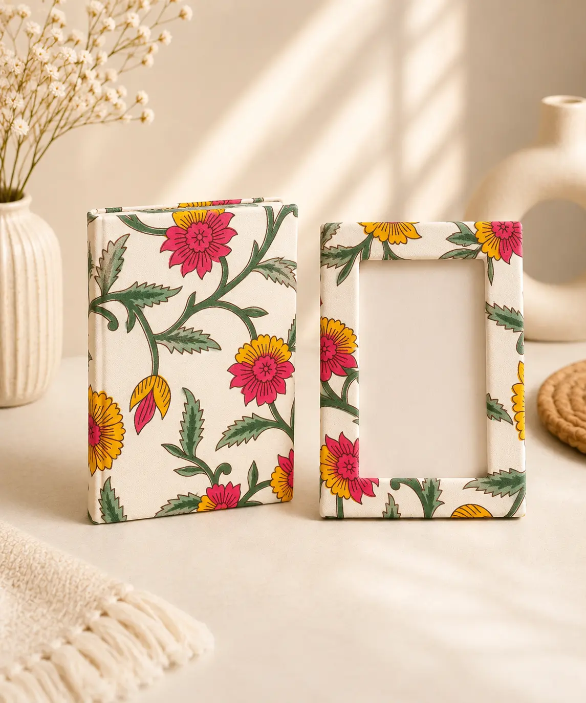 Decorative Fabric Covered Floral Photo Frame with Handmade Diary Gift Set