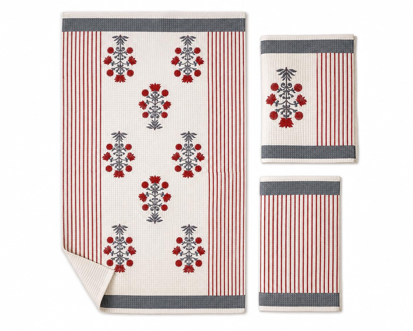 LITTLE CHIKU Hand Block Towel Set of 3 (Grey- Red)