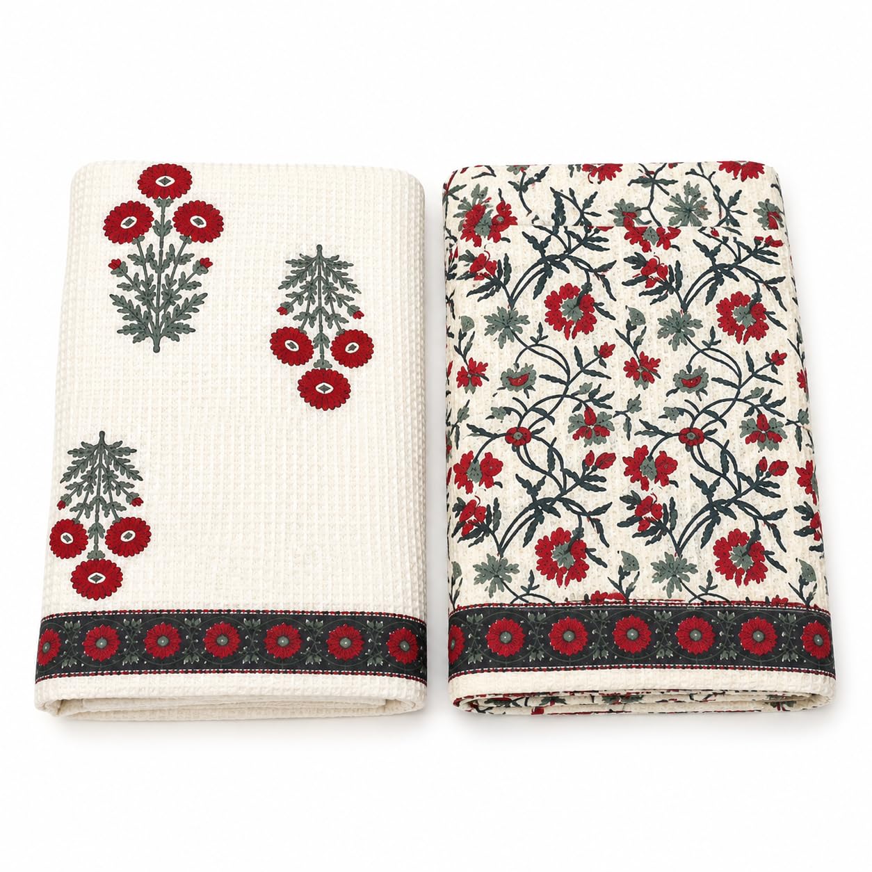 Hand Block Printed Towel Set of 3 Rust red and teal green