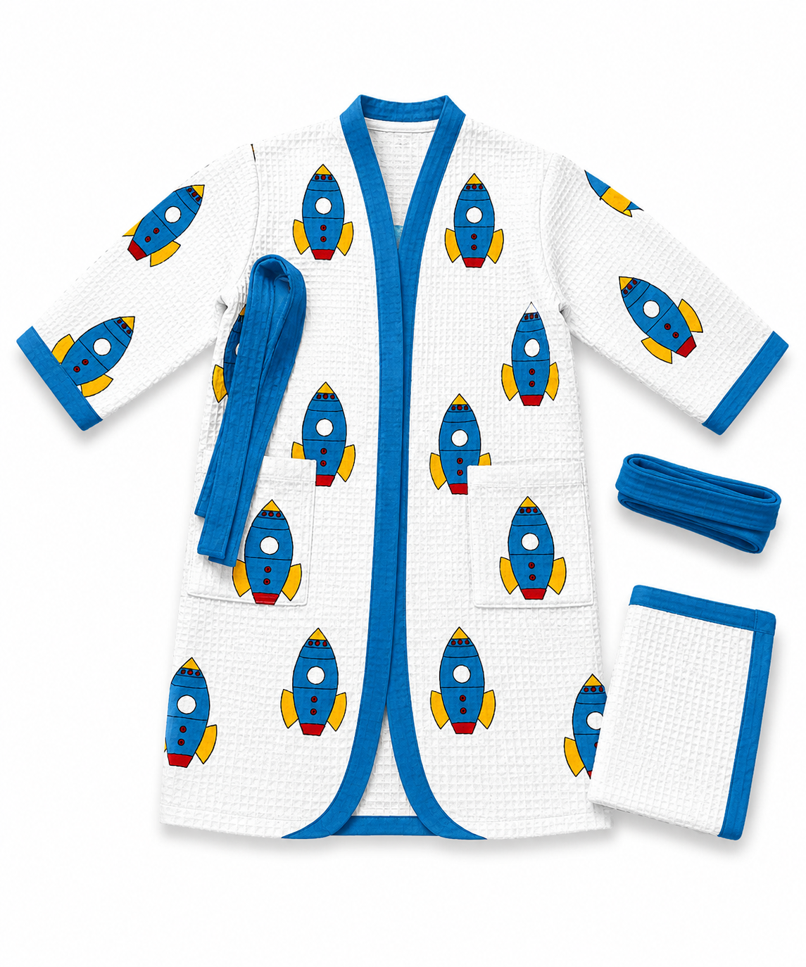 Kids Rocket Print Waffle Bathrobe Set with Towel & Belt | Soft Cotton Bathrobe for Kids