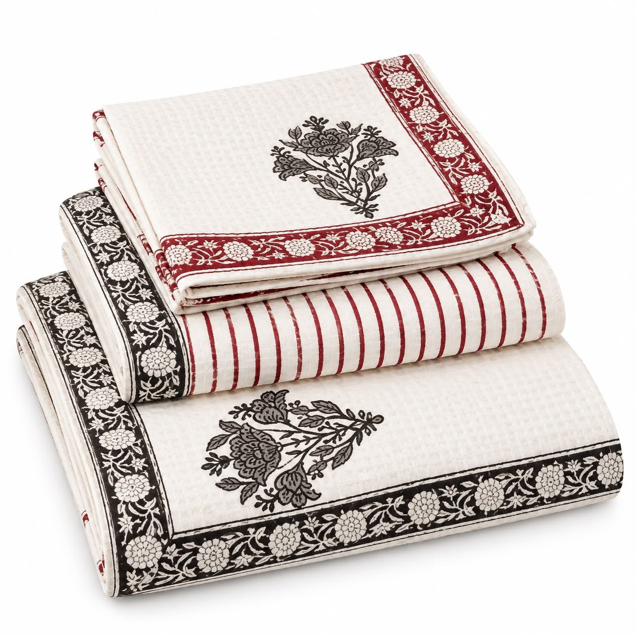 Waffle Cotton Towel Set of 3 – 1 Bath Towel + 2 Hand Towels | Hand Block Print Floral Border