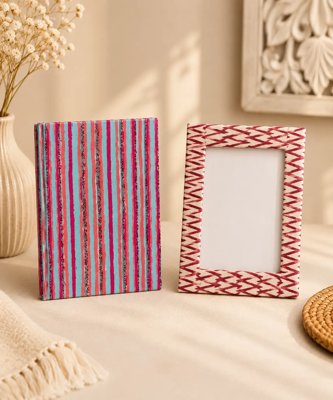 Decorative Fabric Covered Floral Photo Frame with Handmade Diary Gift Set