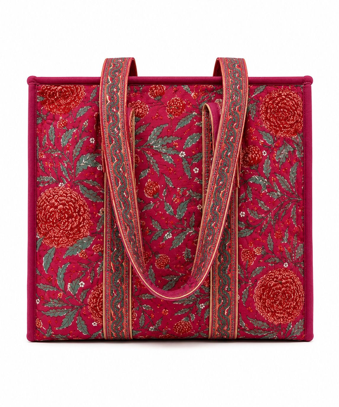 Little Chiku Handcrafted Quilted Cotton Tote Bag with Zip Closure | Spacious Multipurpose Shopping, Office & Travel Bag (Pink Floral)
