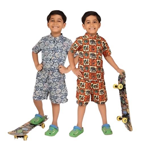 Kids Printed Cotton Summer Shorts Set – Floral & Elephant Print Co-ord Set for Boys
