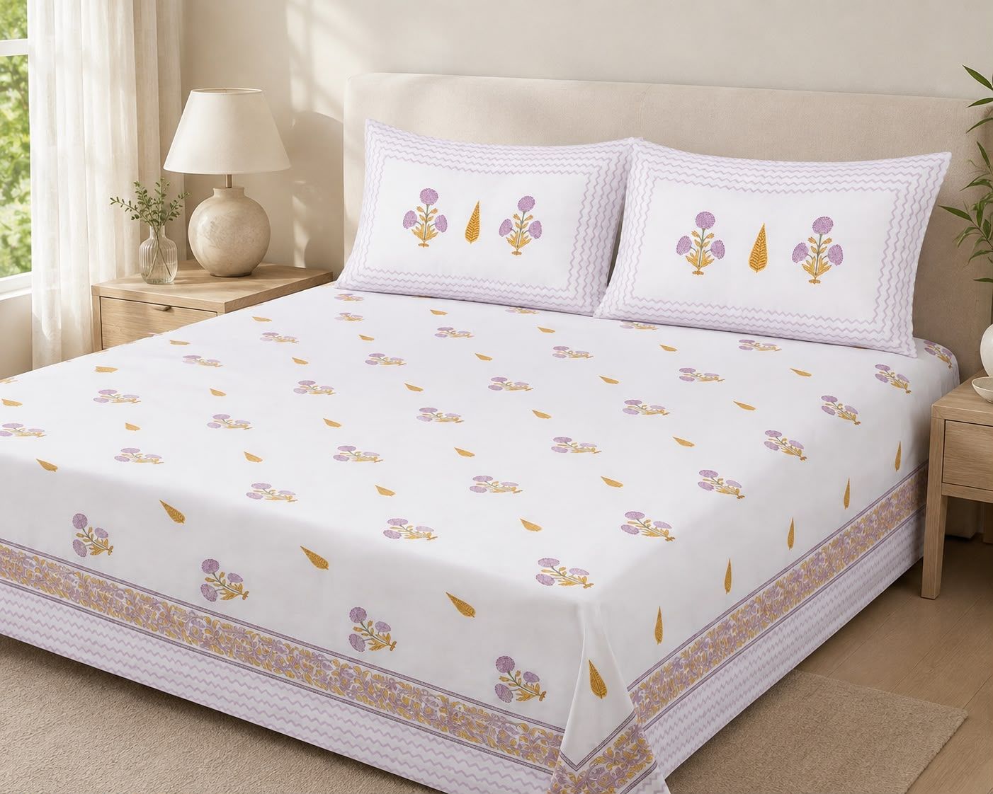 Lavender & Mustard Floral Hand Block Print King Size Bedsheet