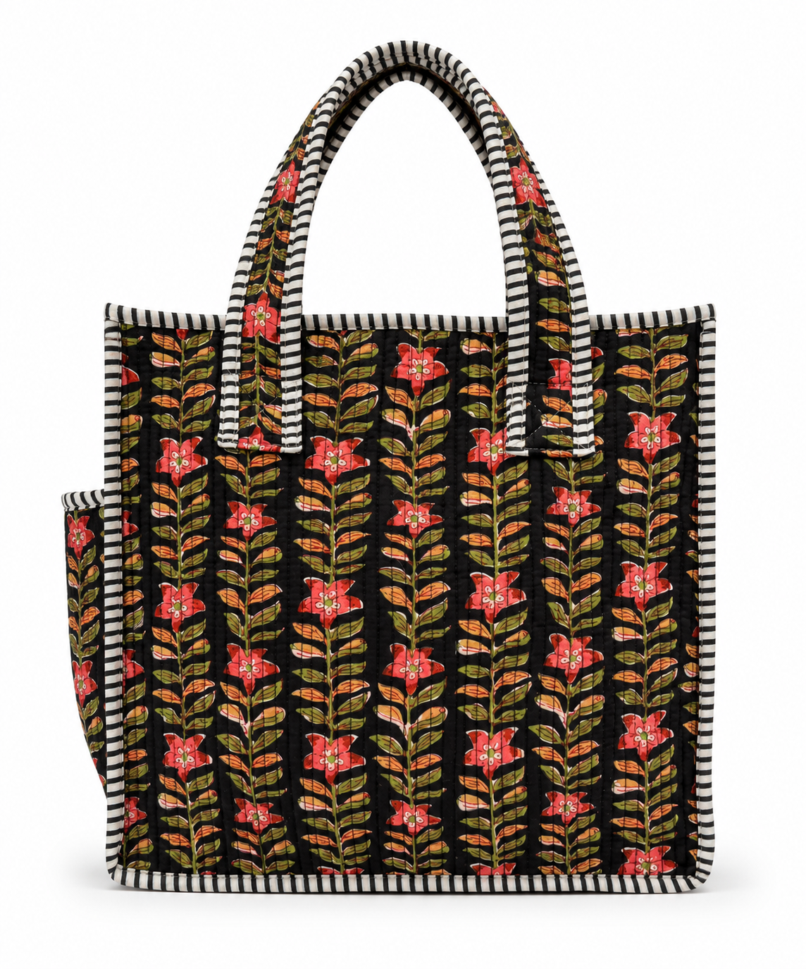 Vintage Floral Quilted Tote Bag with Bottle Pocket - 12×12 Inch