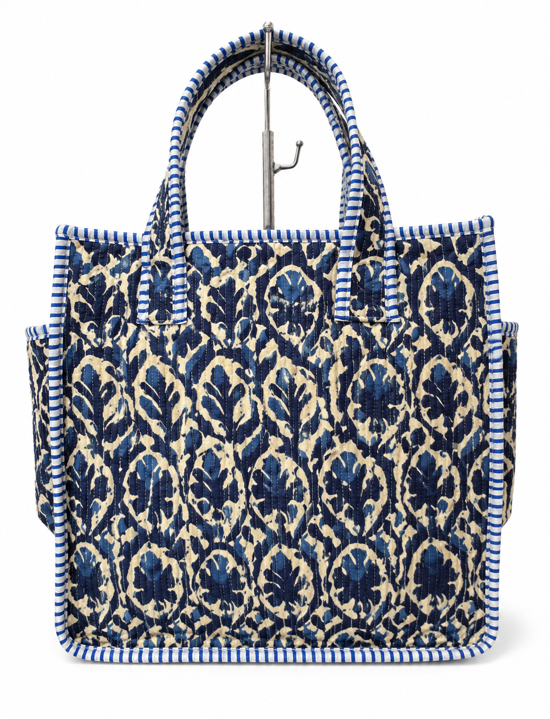 Vintage Floral Quilted Tote Bag with Bottle Pocket - 12×12 Inch