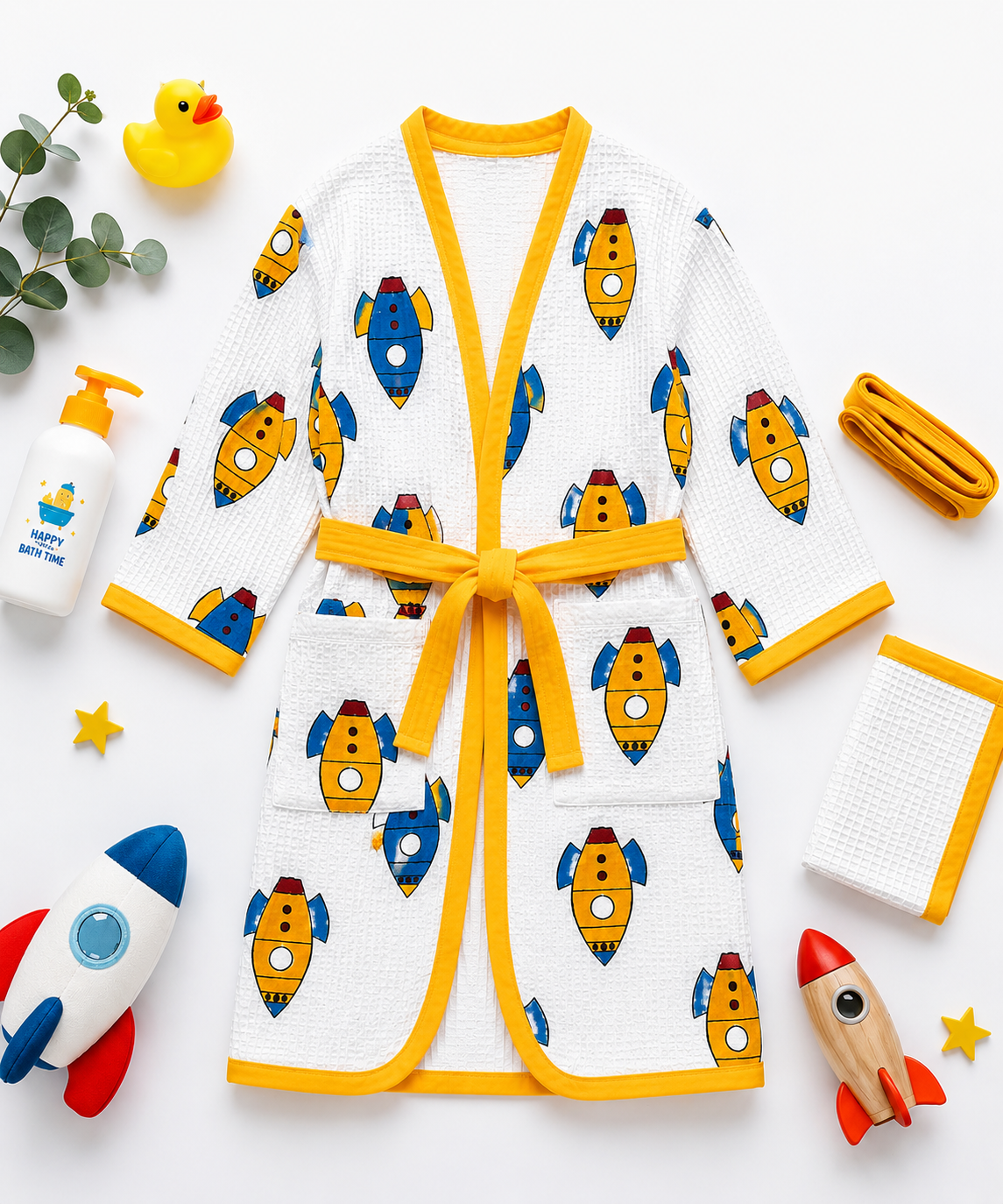 Kids Rocket Print Waffle Bathrobe Set with Towel & Belt | Soft Cotton Bathrobe for Kids