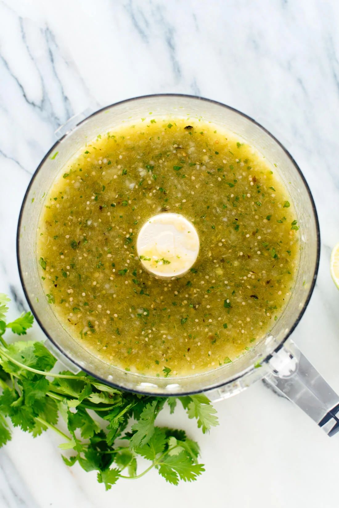 salsa verde in processor from above