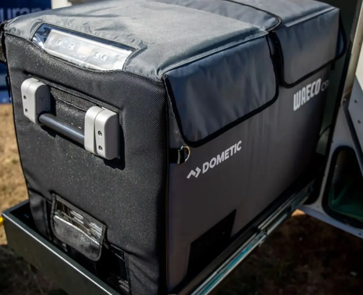 Portable camp fridge on a slide