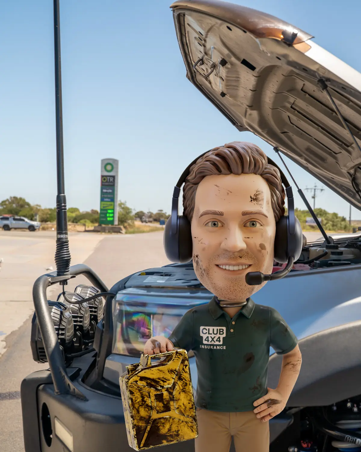 A bobblehead holding a jerry can and splattered in oil fixing a car's engine