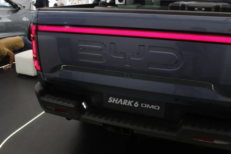 The rear of a grey BYD Shark 6